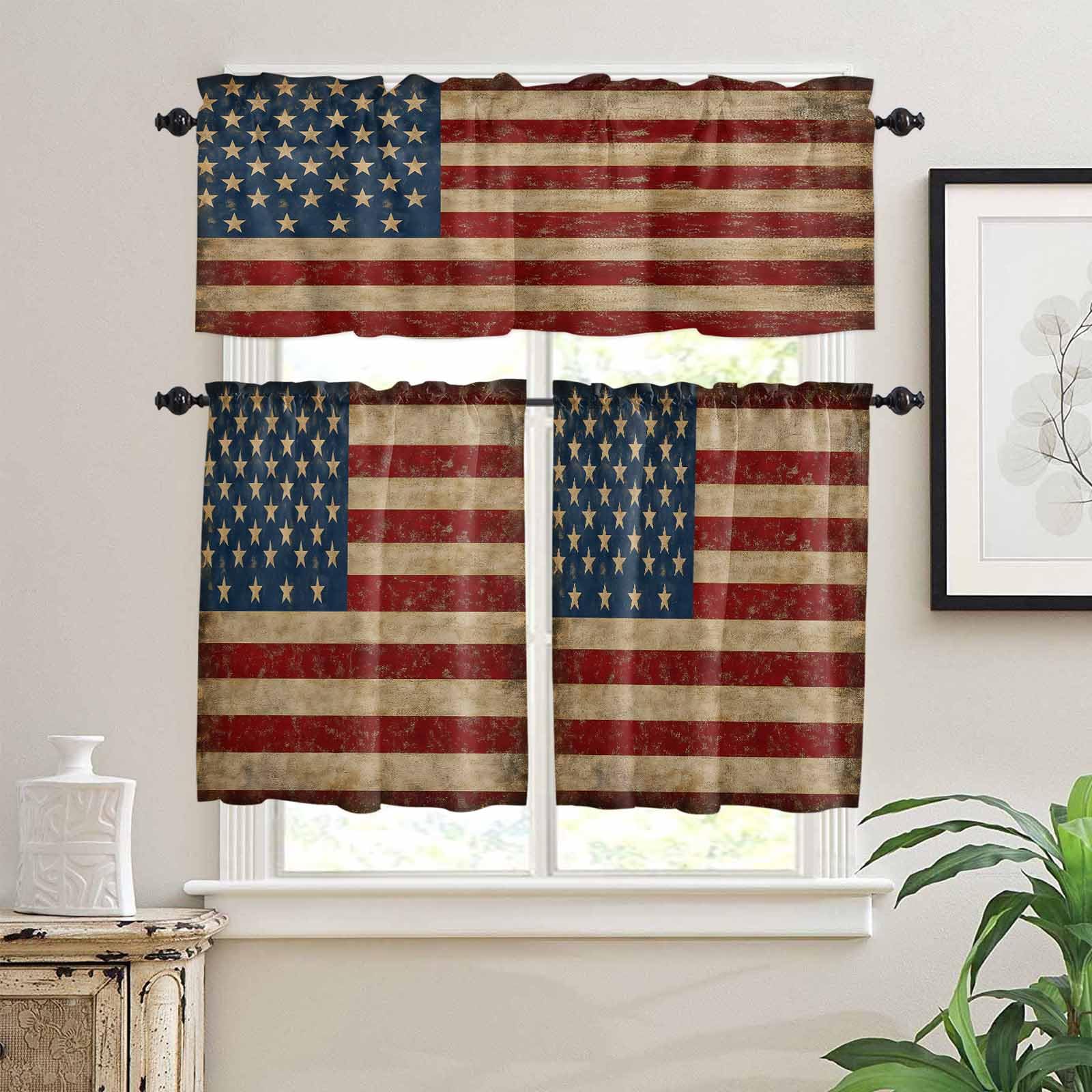 Vintage American Flag Kitchen Curtains 24 Inch Length, 3 Piece Rod Pocket Small Half Tiers and Valance Set, Retro USA Flag Blue Red Small Large Window Treatment Decor for Bedroom/Bathroom Sink