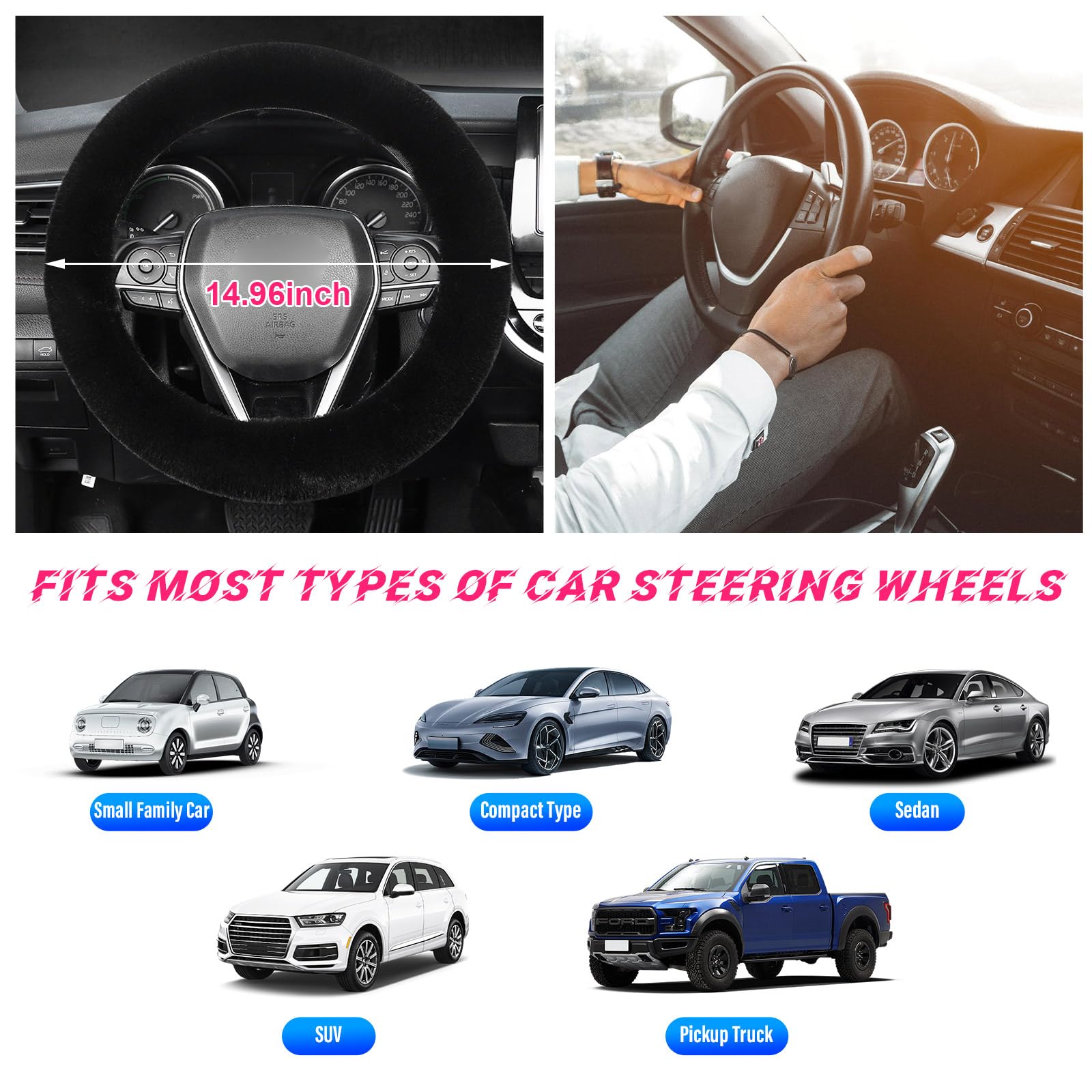 Kewucn Fuzzy Car Steering Wheel Cover, Fluffy Soft Fur Wheel Protector for Warm Winter, 15'' Anti-Slip Steering Wheel Covers, Universal Vehicle Interior Accessories for Men Women (Black)