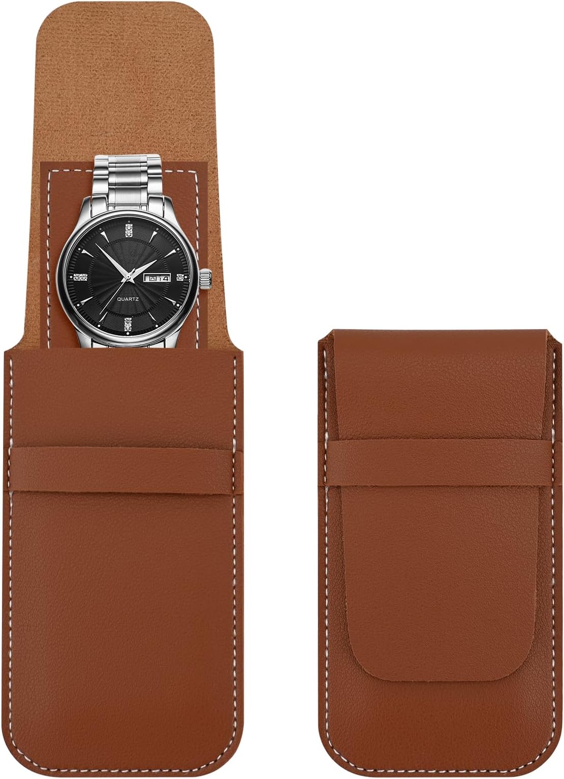 Bekecidi 2PCS Watch Pouch, Portable PU Watch Storage Bag Single Watch Travel Case Travel Watch Pouch for Men and Women (Brown)