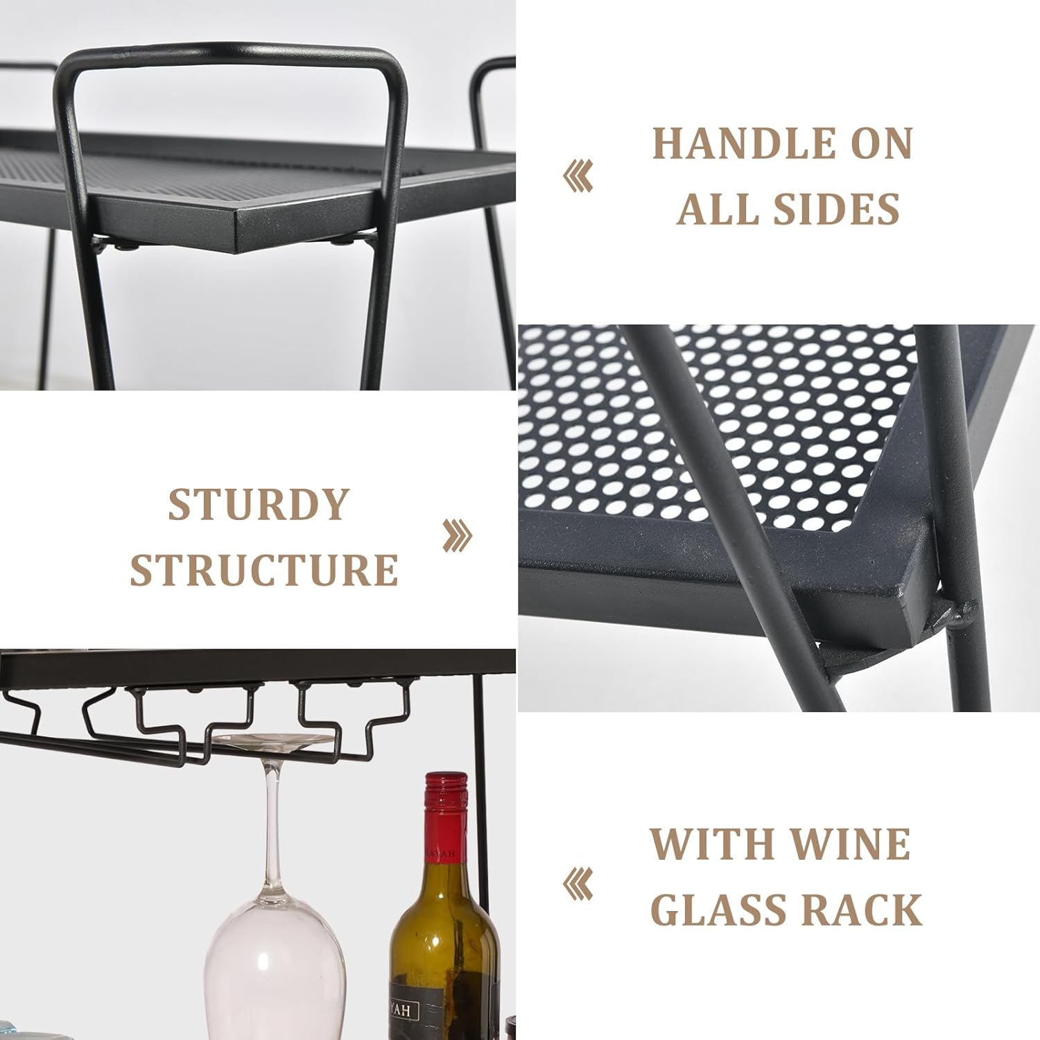 2-Tier Rolling Bar Cart with Wine Glass Rack, Black Metal Mesh Design, Mobile Storage Trolley with 4 Universal Wheels (2 Lockable for Safety), Handle on All Sides, 28.3x14.6x27 Inches
