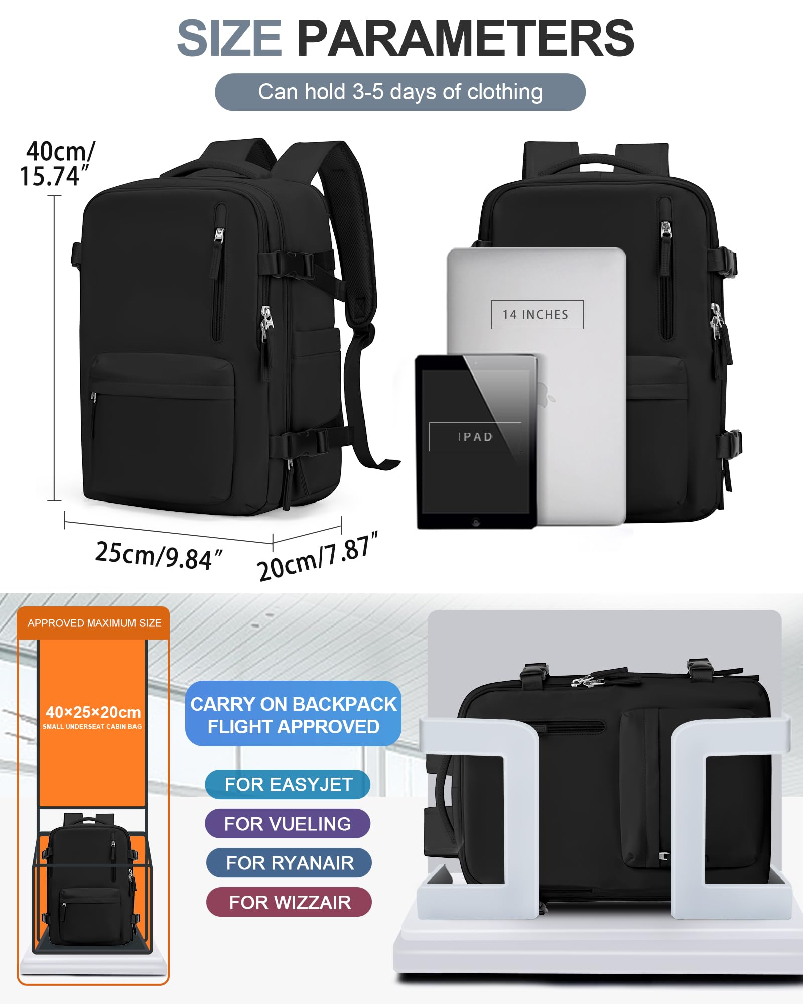 BJLFS Borse da Cabina per Ryanair 40×30×20 Zaino da Viaggio con Sottovuoto Bagaglio a Mano 40x20x25 Easyjet 45×36×20,Zaino Wizzair 40x30x20,Zaino Casual per laptop da 14 pollici per scuola