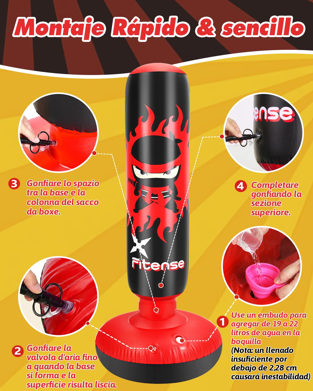 Fitense Saco de Boxeo Niños, 160cm Boxeo Saco Inflable con Guantes y Bomba, Punching Ball Estable para Niños y Niñas, Set Regalo Saco de Boxeo de Pie para Práctica de Karate, Taekwondo, MMA,Rojo Ninja