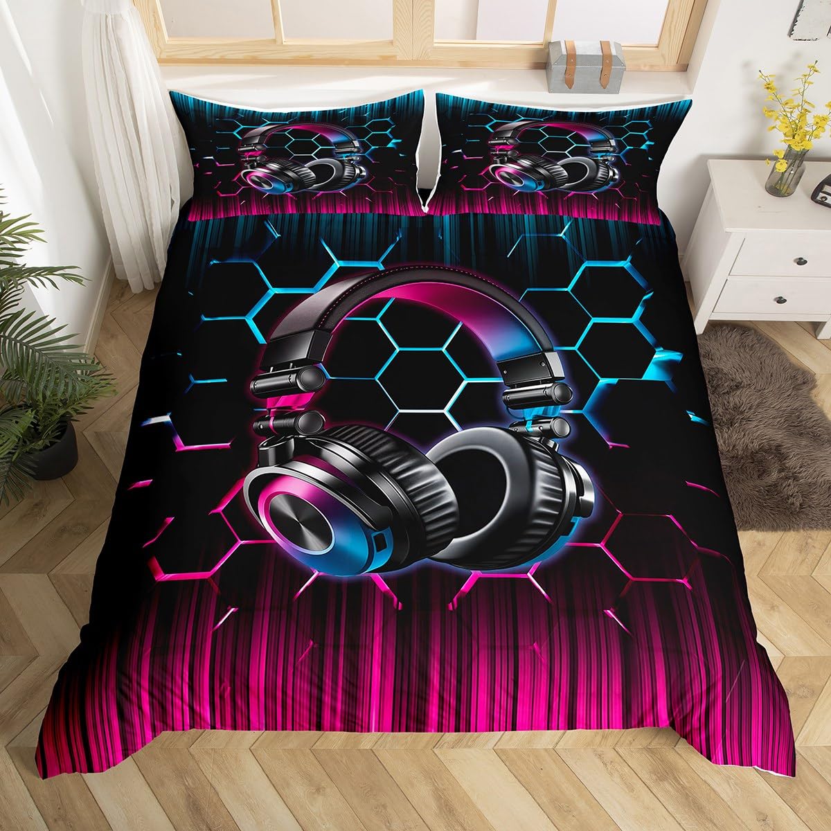 Blue Rose Headset Kids Duvet Cover Set King Size, Abstract Honeycomb Striped Comforter Cover, Modern Geometric Bedding Set for Boys Girls Adults, Headphones Bedspread Cover, 2 Pillowcases