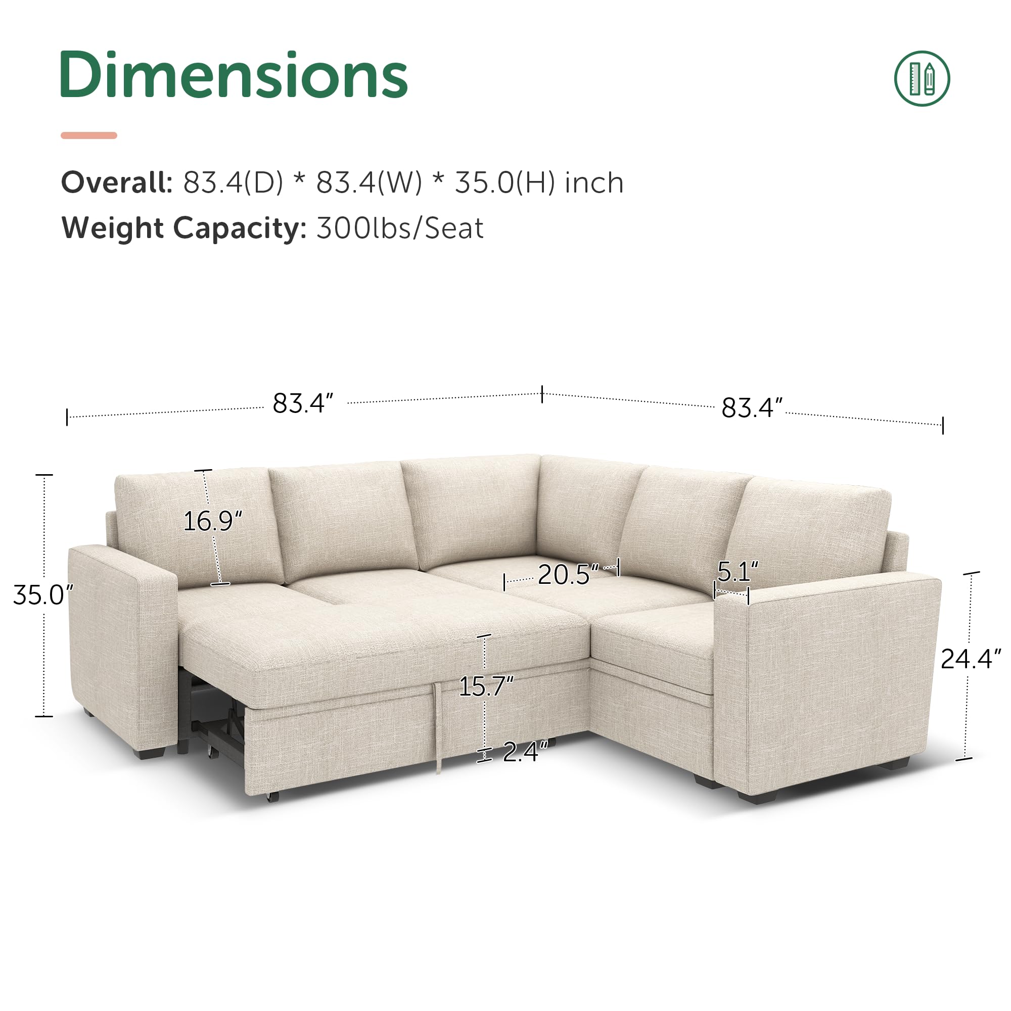 HONBAY Modular Sectional Sleeper Sofa with Pull Out Bed, L Shaped Couch with Storage Seat, Convertible Sectional Couches for Living Room, Beige — view 2