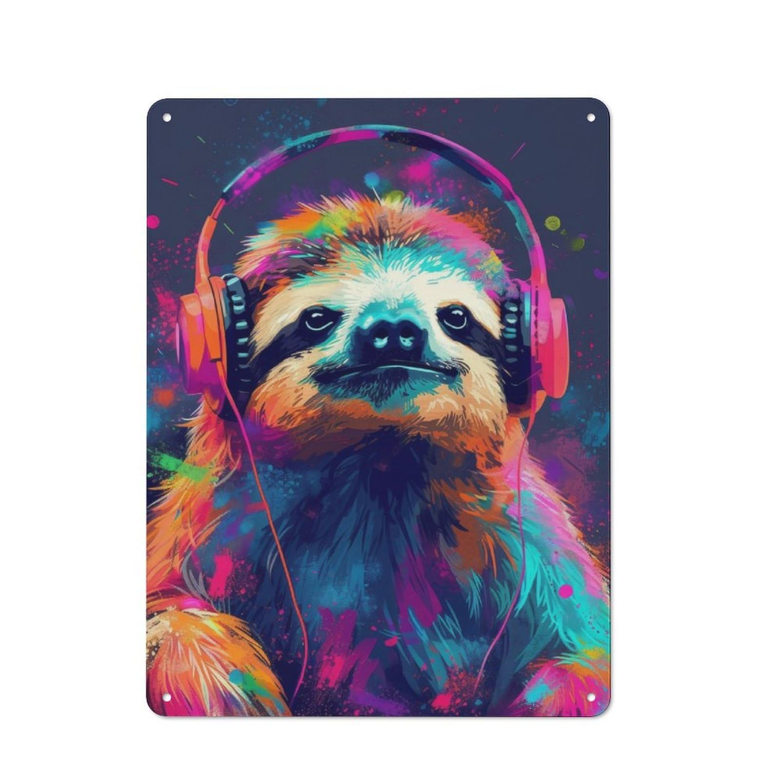 Junmoney Sloth With Headphones Tin Wall Plaque 40X30cm With For Guest Room Or Hallway, For Home Office, Studio And Craft Room Walls