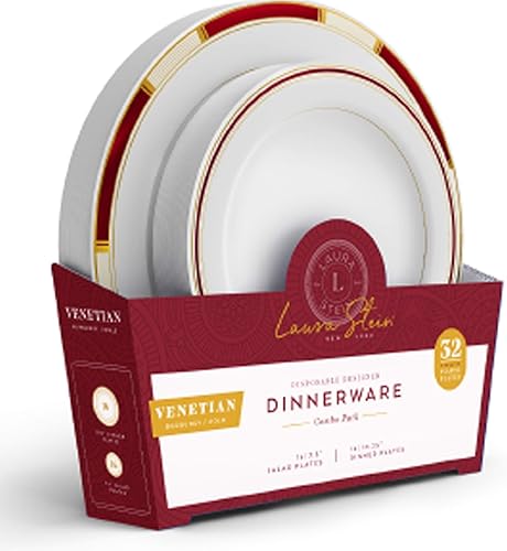 Miniatura 3 de Laura Stein Juego de vajilla de diseño, 32 platos desechables de plástico para fiesta, platos con borde burdeos y detalles dorados, incluye 16