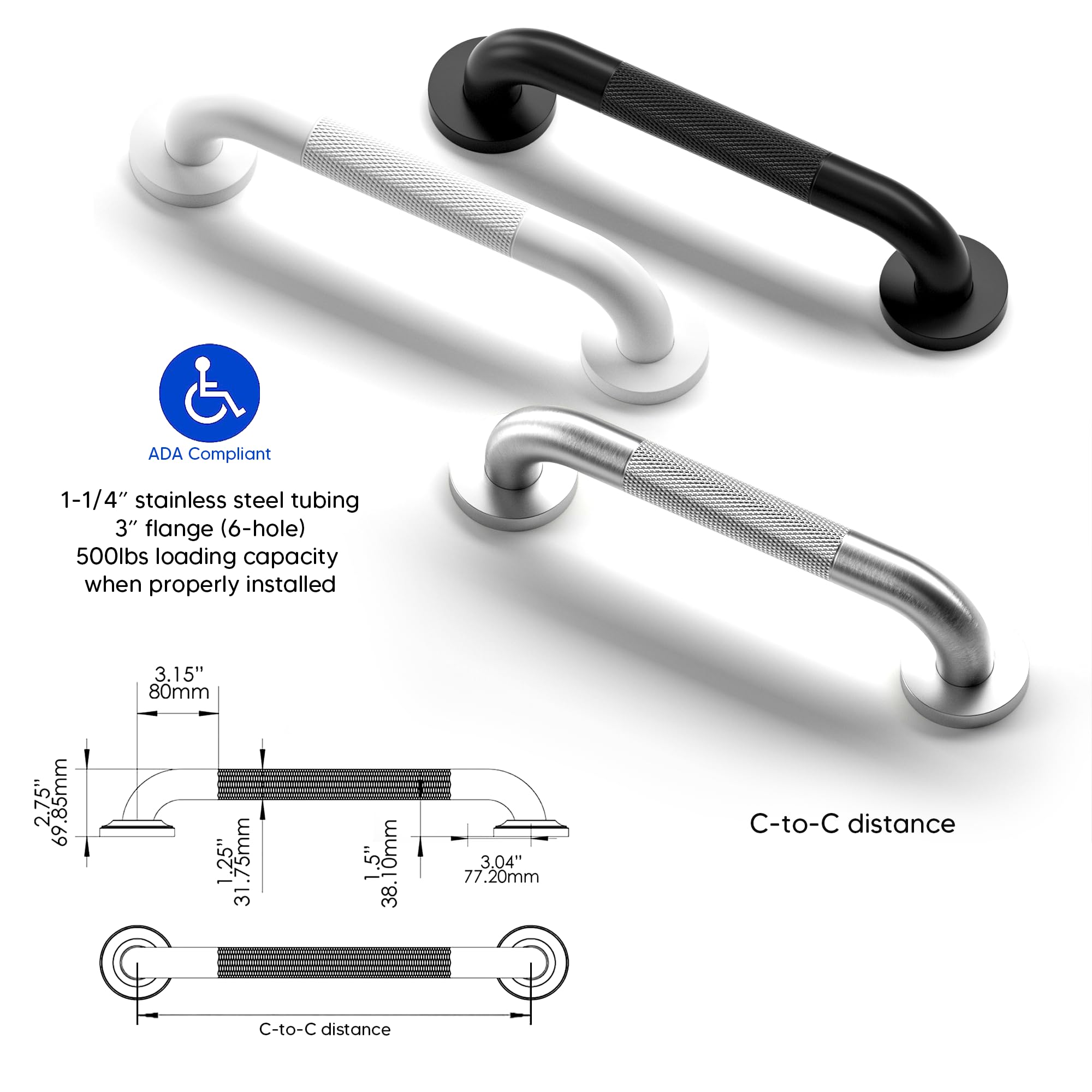 Lot de 2 barres d'appui moletées pour douche - 30,5 cm - Conforme à la norme ADA - 226,8 kg - Pour salle de bain, baignoire, douche, toilettes