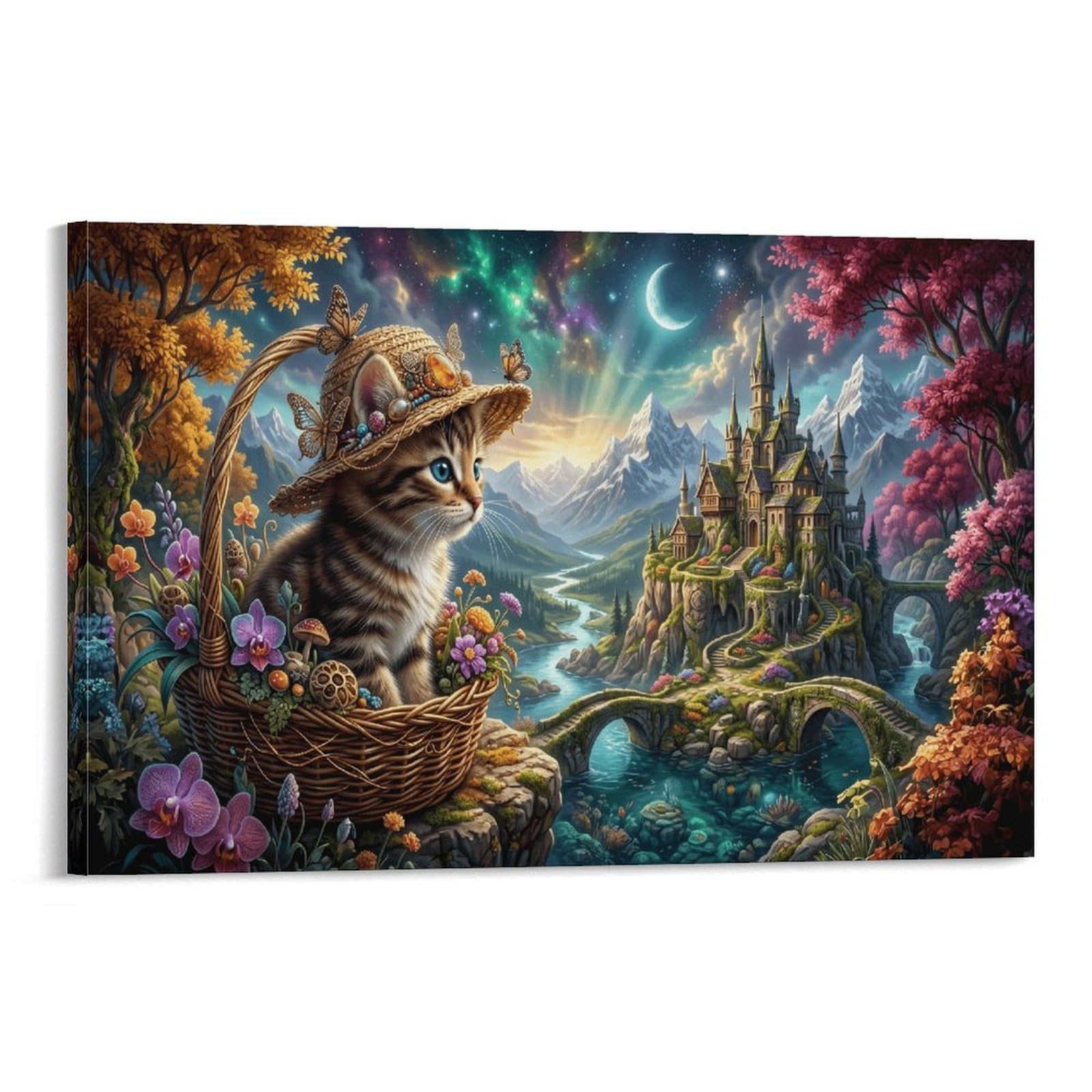 XPASHIQWC Straw‑Hat Kitten Wall Decor Poster Starry Castle Giclee Canvas Prints Modern Wall Art Picture Wall Hanging for Home Decorations 24x36inch(60x90cm)