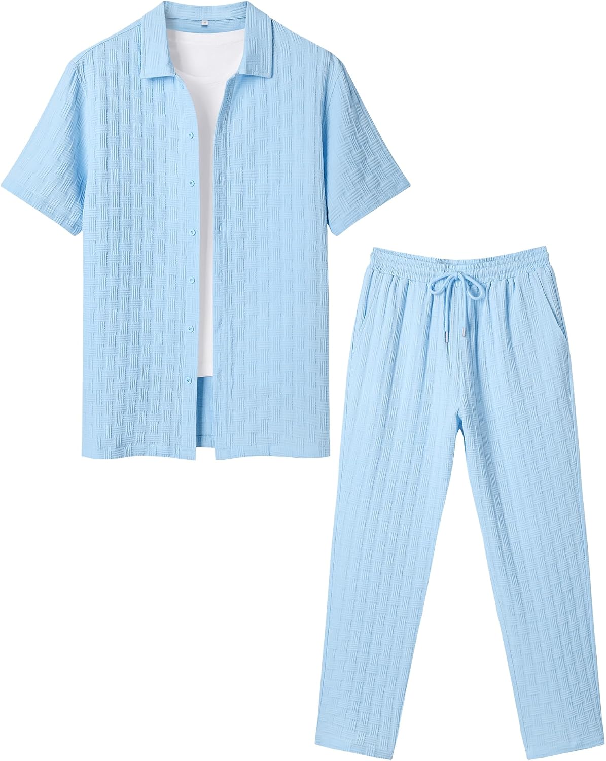 LecGee Mens 2 Piece Outfits Textured Short Sleeve Button Down Shirts and Matching Loose Pants Beach Party Suits - Image 2