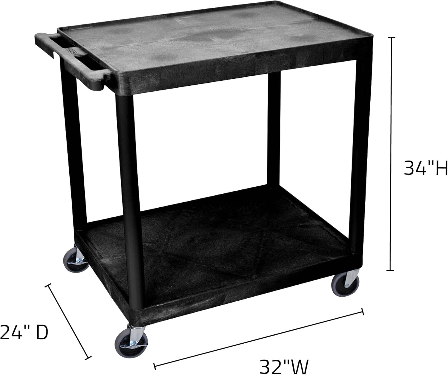 Small Black Polyethylene 2-Shelf Utility Cart with Swivel Wheels