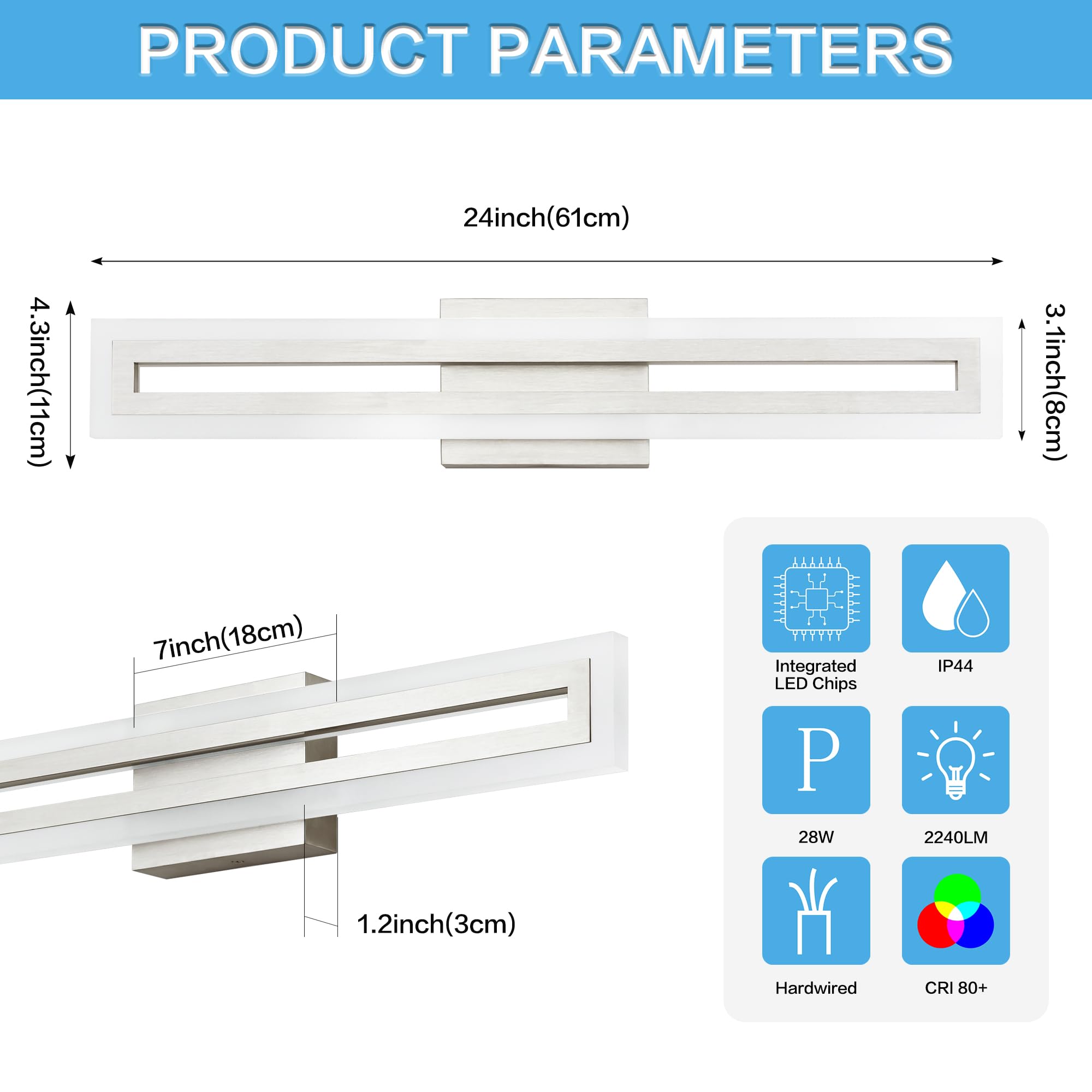 SOLFART Lumière de salle de bain LED au-dessus du miroir 61 cm Nickel brossé - 28 watts - Blanc froid - 2000 lumen - Modern - Montage mural - Suspendu - Touch - Amovible