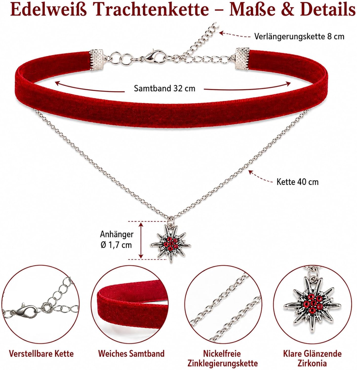 Edelweiß Trachtenschmuck Set Damen Haarreif Halskette Ohrstecker Anstecker | 4 Stück Bayerisch Dirndlschmuck Samt Dirndl Haarreif Haarschmuck Edelweiß Trachtenkette Bierfest Oktoberfest Accessoires - Produktübersicht & Analyse