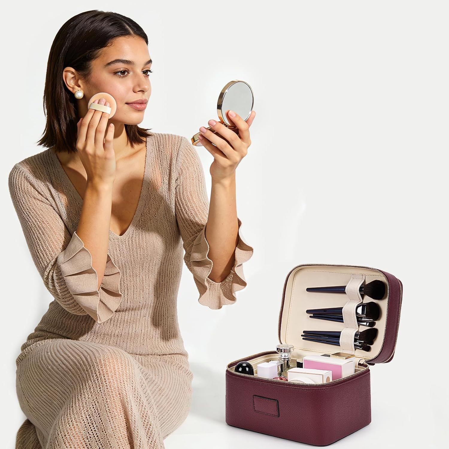 Starnearby Trousse de Maquillage Double Couche Grande Capacité en Cuir Femme, Trousse de Toilette Voyage avec Compartiments Amovibles, Vanity Maquillage Femme, Trousse Cosmétique Portable (Bordeaux)