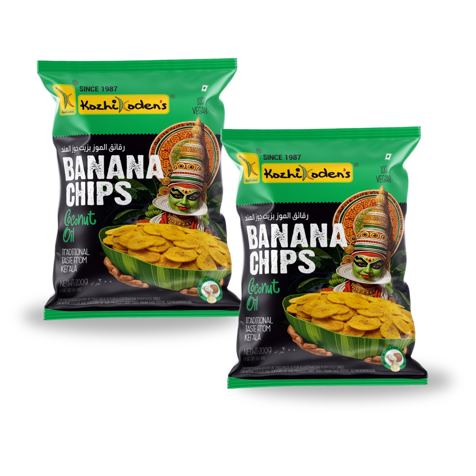 KOZHIKODEN'S Banana Chips | Made in 100% Pure Coconut Oil | 400g (2 x 200g Packs) | Crispy Kerala Snack | No Artificial Flavors, Colors, or Preservatives | Vegan & Healthy | Thin Nendran Wafers