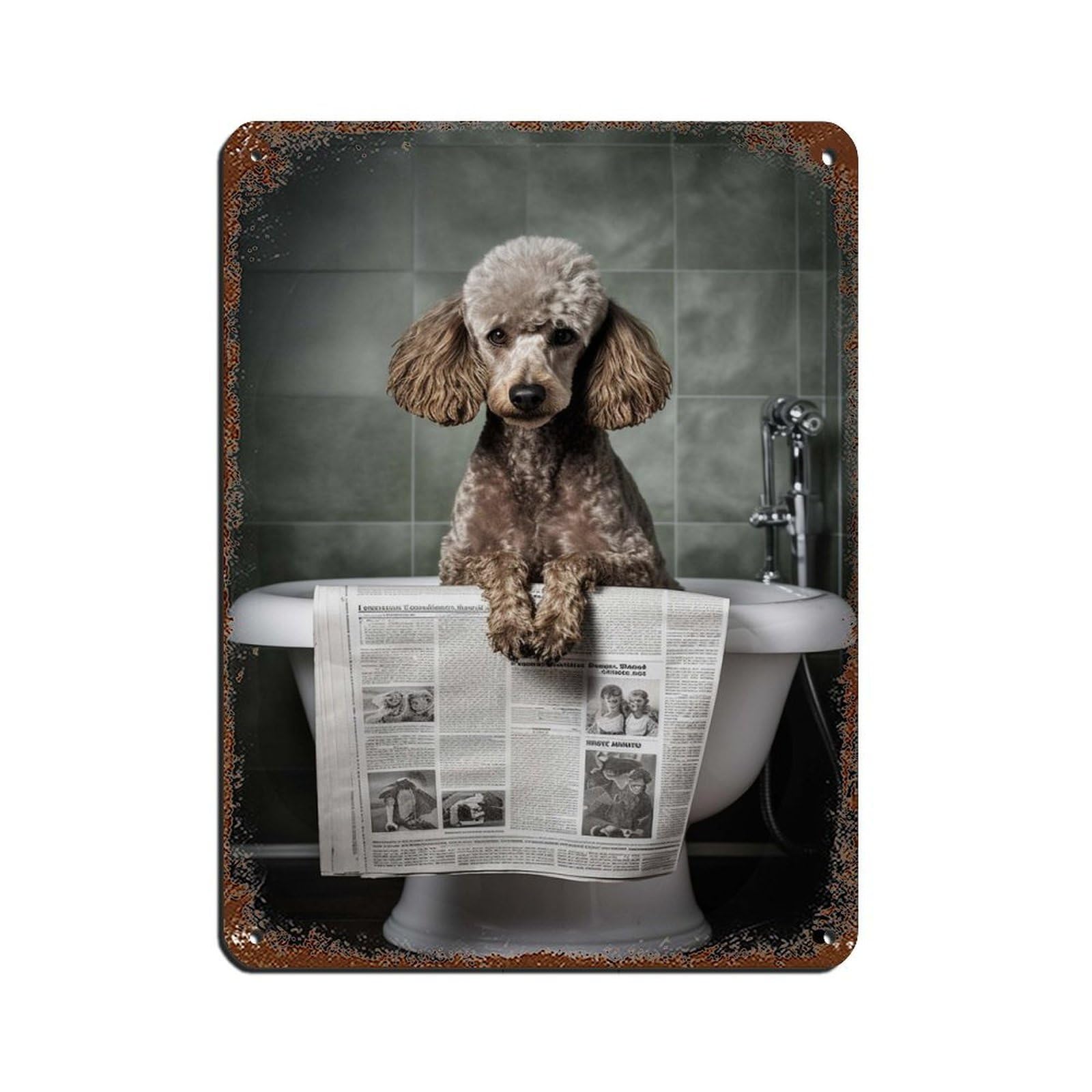 Poodle on Toilet Reading The Newspaper Retro Poster Metal Tin Sign Chic Art Retro Iron Painting Bar People Cave Cafe Family Garage Poster Wall Decoration 12x16inch(30x40cm)
