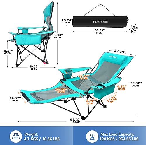 Miniatura 3 de POEPORE Paquete de 2 sillas reclinables de camping de 4 posiciones con reposapiés, cómoda para adultos, silla de playa plegable de malla de 265