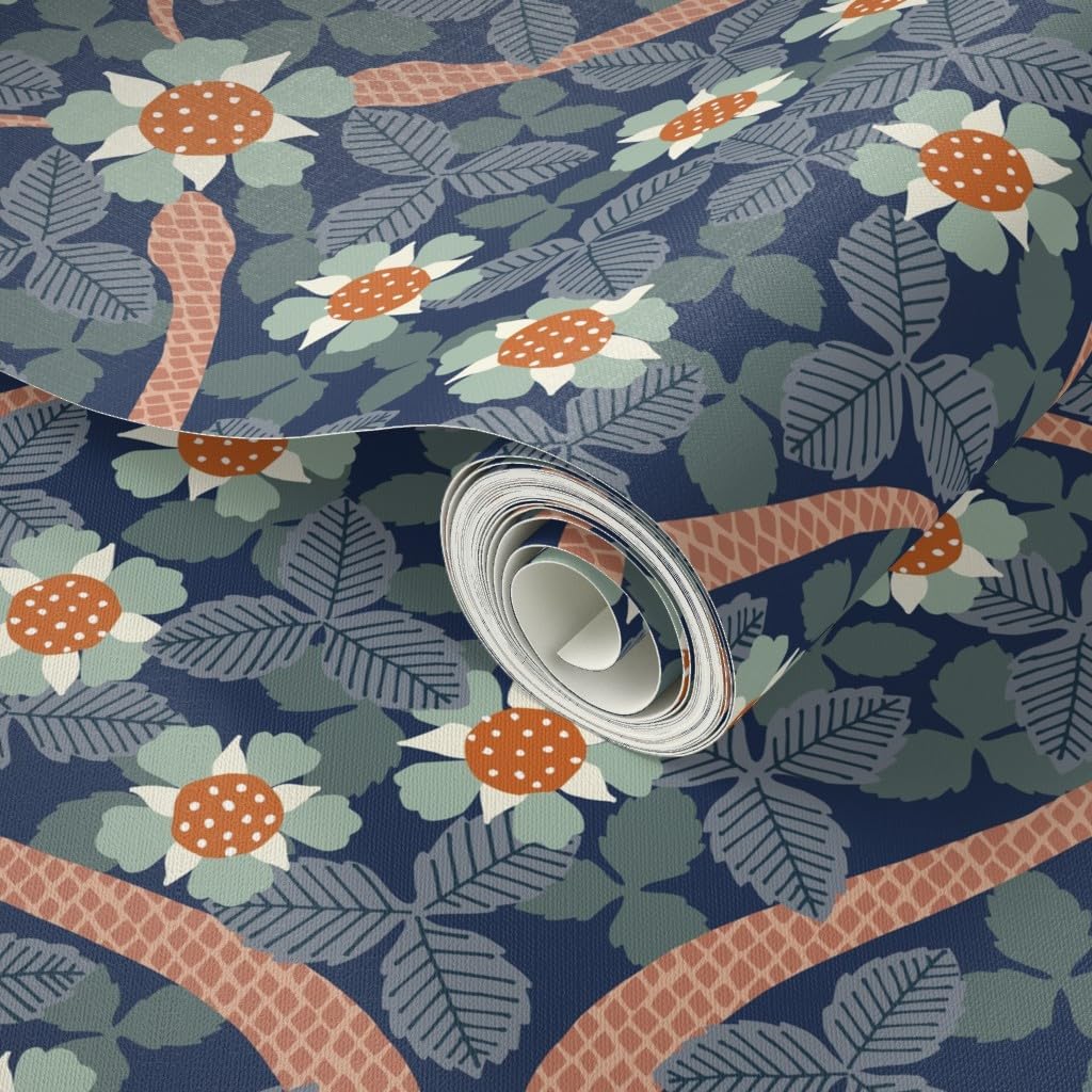 Peel & Stick Wallpaper 3ft x 2ft - Floral Navy Botanical Dark Blue Snake Arts and Crafts Maximalist Strawberry Art Nouveau Medium Scale Custom Removable Wallpaper by Spoonflower