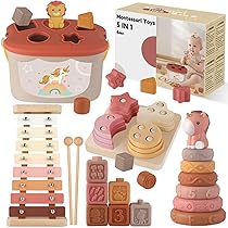 Almaxi Giochi Neonato 6-9 Mesi, Giochi Montessori 6 Mesi 1 Anno 5 in 1 Educativo, Giocattoli Bambino 6-12 Mesi, Giochi Snsoriali per Neonati, Giocattoli Impilabili, Regalo Bambino 6 9 12 Mesi