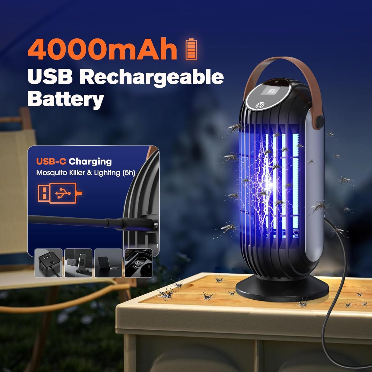 Trappola elettrica per insetti, 4000 mAh, USB, 395 nm, trappola per insetti, per interni ed esterni