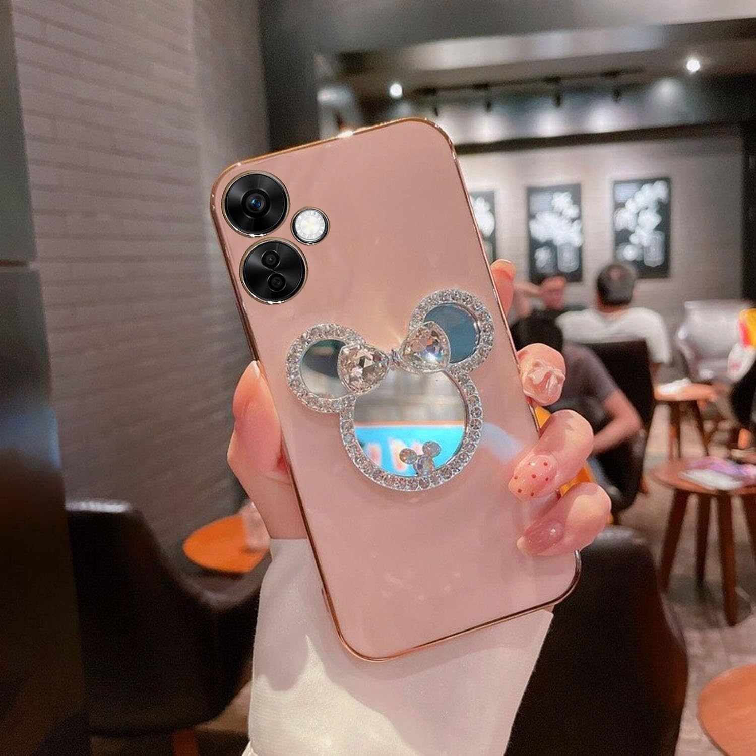 KC Back Cover for Oneplus Nord CE 3 Lite 5G, Round Bunny Mirror Electroplated Soft Silicone Camera Protection Case - Pink