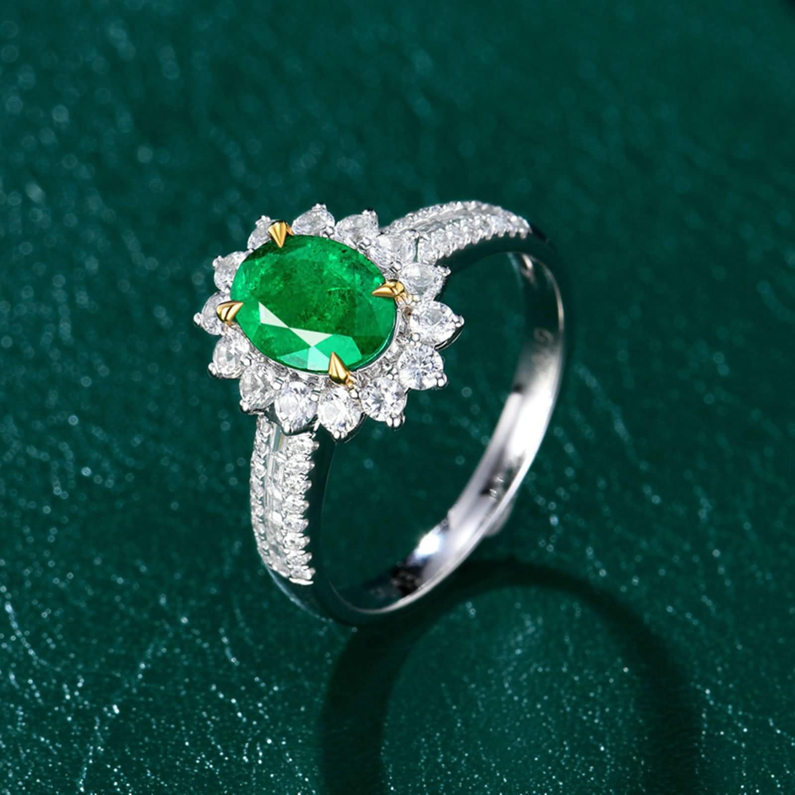 Pierścionki zaręczynowe damskie białe złoto 375/585/750, kwiat i 4 szczęki owalne 1,1 ct szmaragd i diament, zielone srebrne pierścionki zaręczynowe dla kobiet