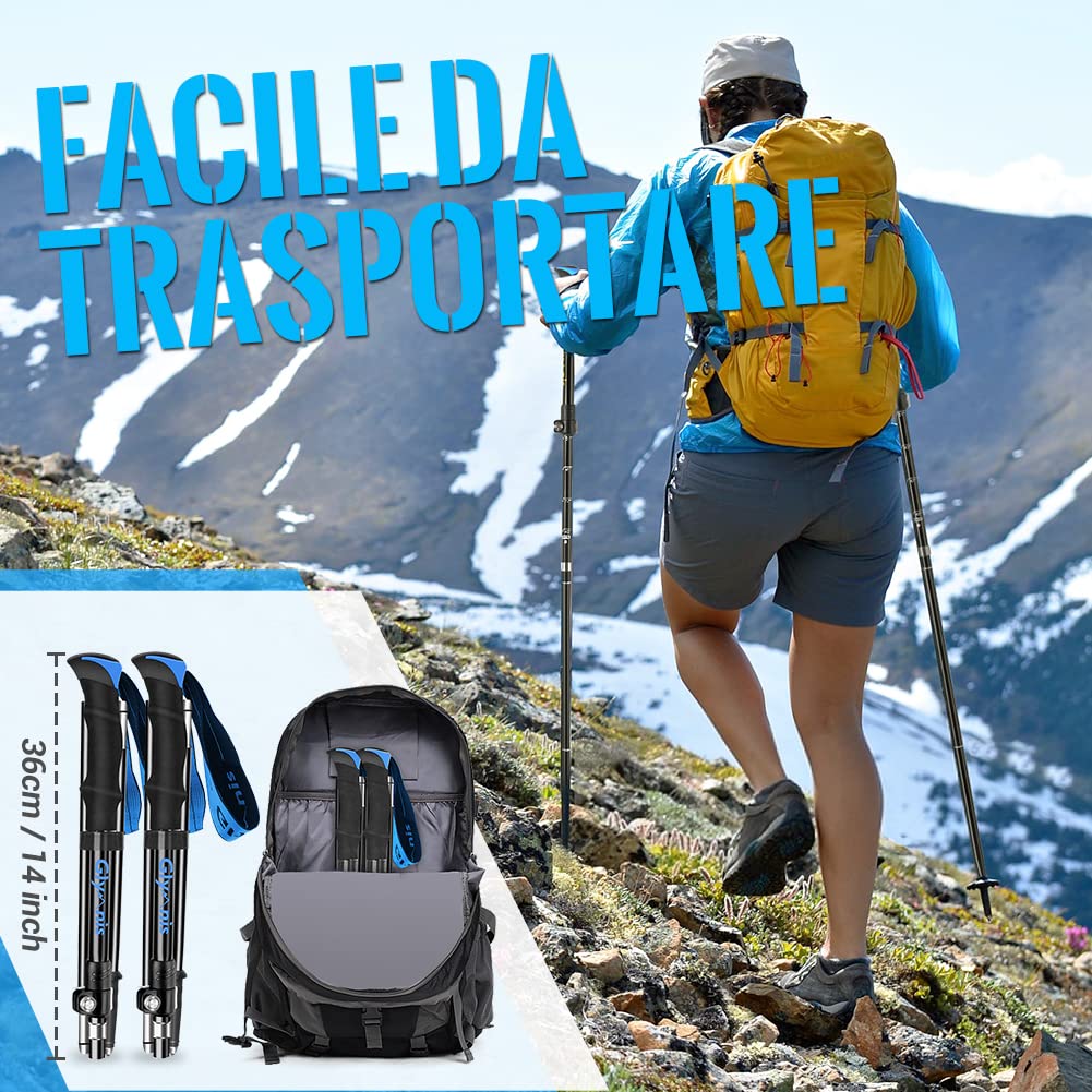 Glymnis Bastoni Trekking Bastoncini da Trekking Pieghevoli e Antiurto 110-130cm 5 Sezioni in Alluminio 7075 Impugnatura in Eva Punta in Carburo di Tungsteno per Escursioni 1 Paio