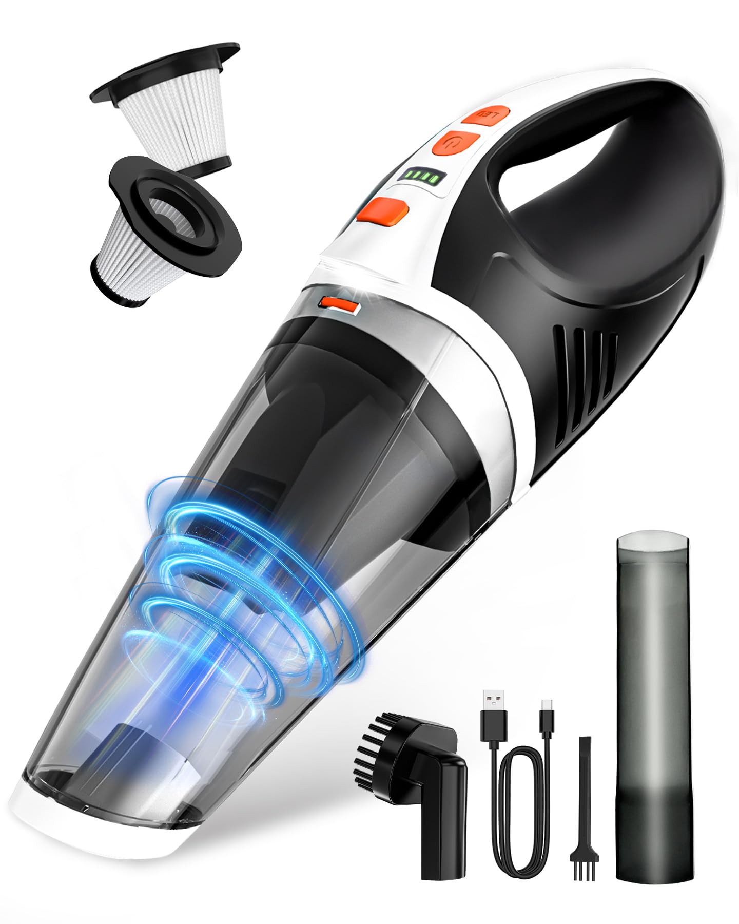 TANYO Aspirabriciole Senza Fili 4 IN 1, 12000PA Potente Aspirapolvere Auto con Motore Brushless, Mini Aspirapolvere Portatile con Filtro HEPA e Multipli Accessori, per Capelli, Casa, Ufficio, Cucina