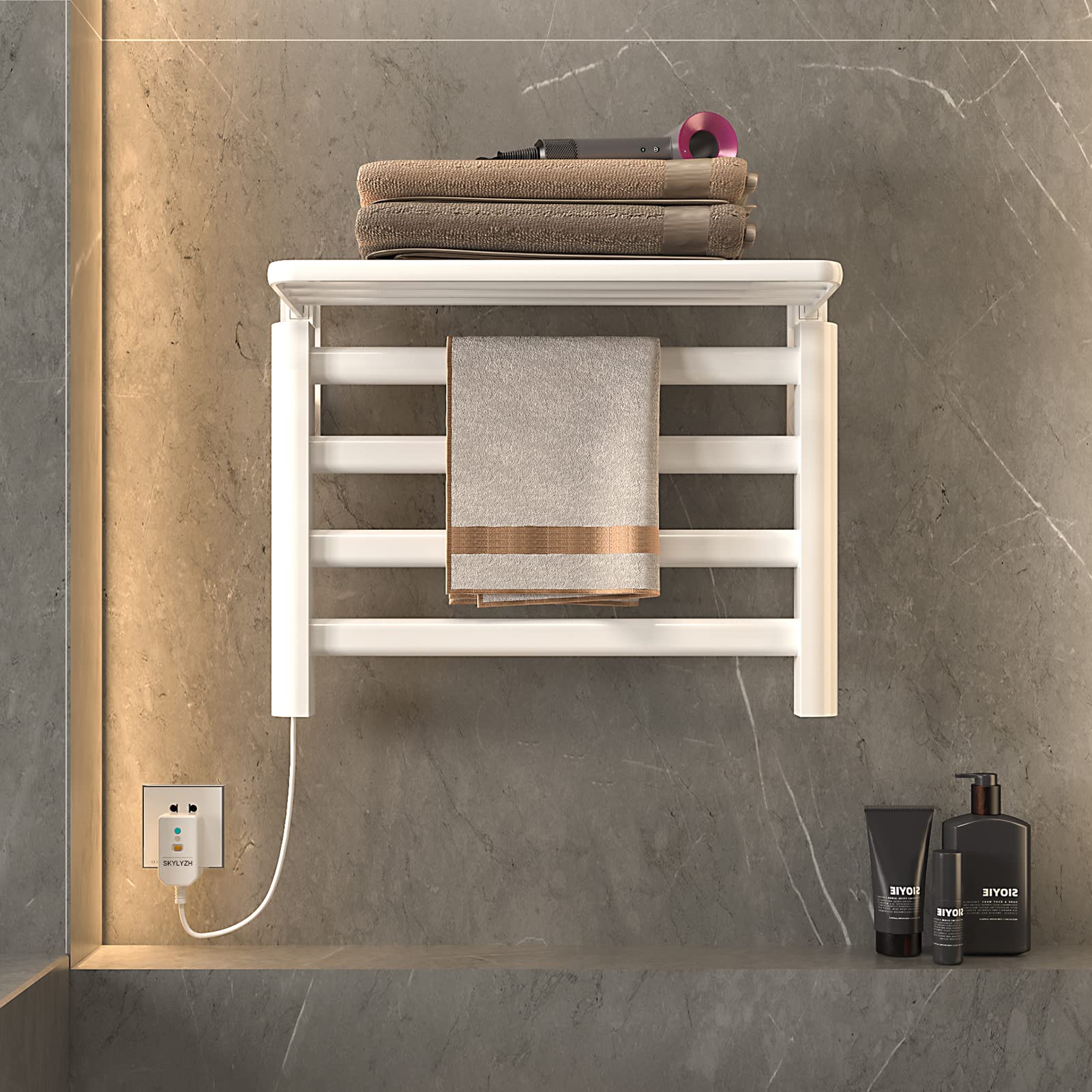 Radiador toallero eléctrico con Estante 550x400mm Calefactor Inteligente de Temperatura Constante calefacción de Fibra de Carbono toallero calefactable para baño secador - Blanco Temperatura Constant