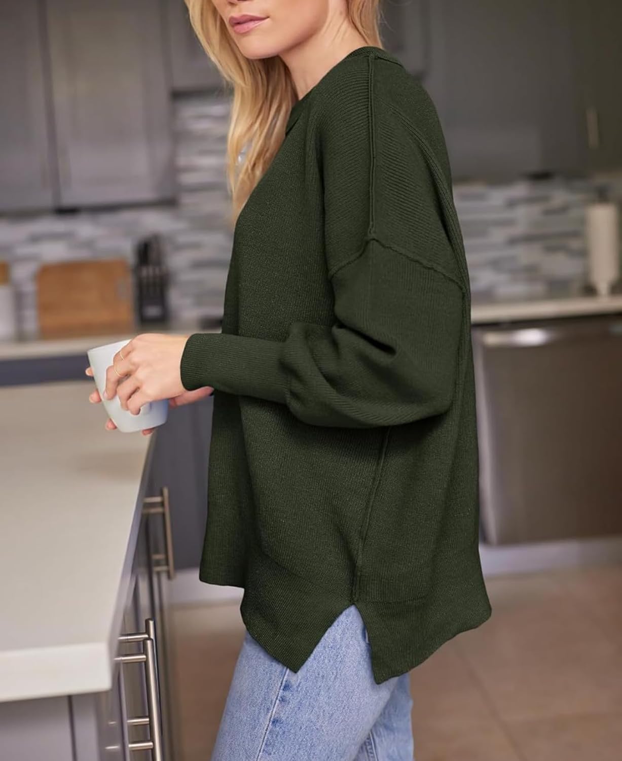 Women's Batwing Sweater Oversized Knit Pullover with Side Slits Fall Casual Crewneck Top for Fashion Outfits - Image 4