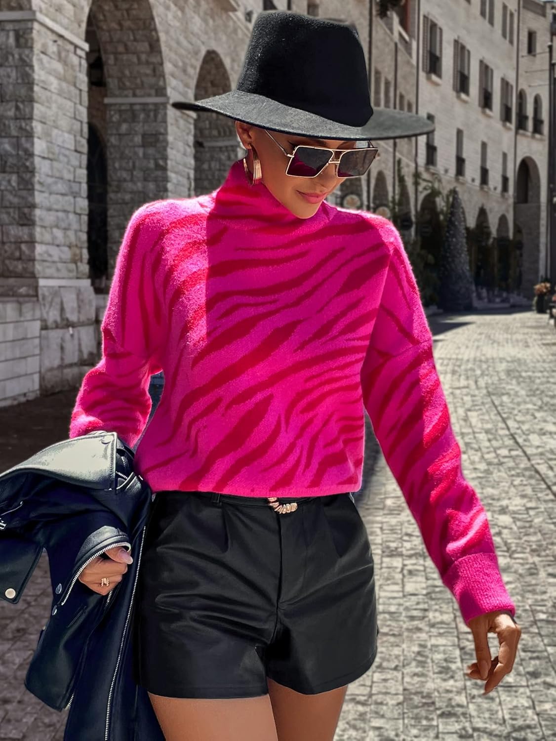 Women's Sweater Zebra Striped Pattern High Neck Drop Shoulder Sweater Sweater for Women (Color : Hot Pink, Size : Medium)