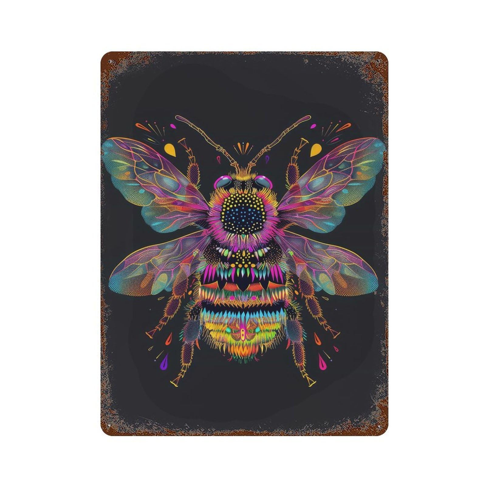 Rust Effect High Contrast Neon Bee Weathered Tin Sign 15.7"x11.8", Novelty Wall Decor for Office, Studio And Wall Decor
