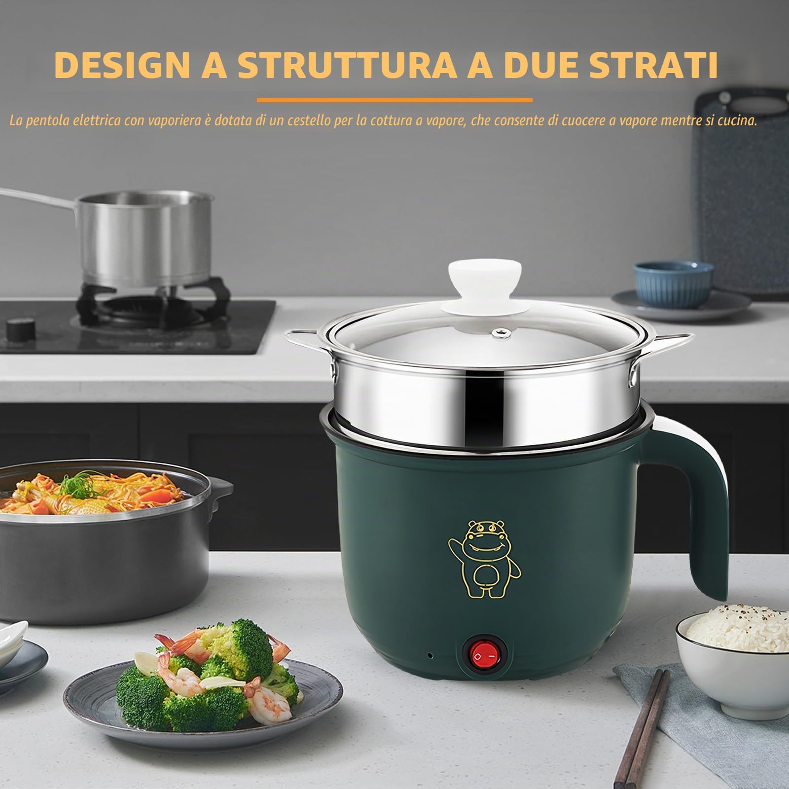 Mini Pentola Elettrica Con Vaporiera Da 1,5 L, Pentola Elettrica Portatile, Mini Padella Elettrica, Pentola Calda Elettrica per Casa, Ufficio, Dormitorio