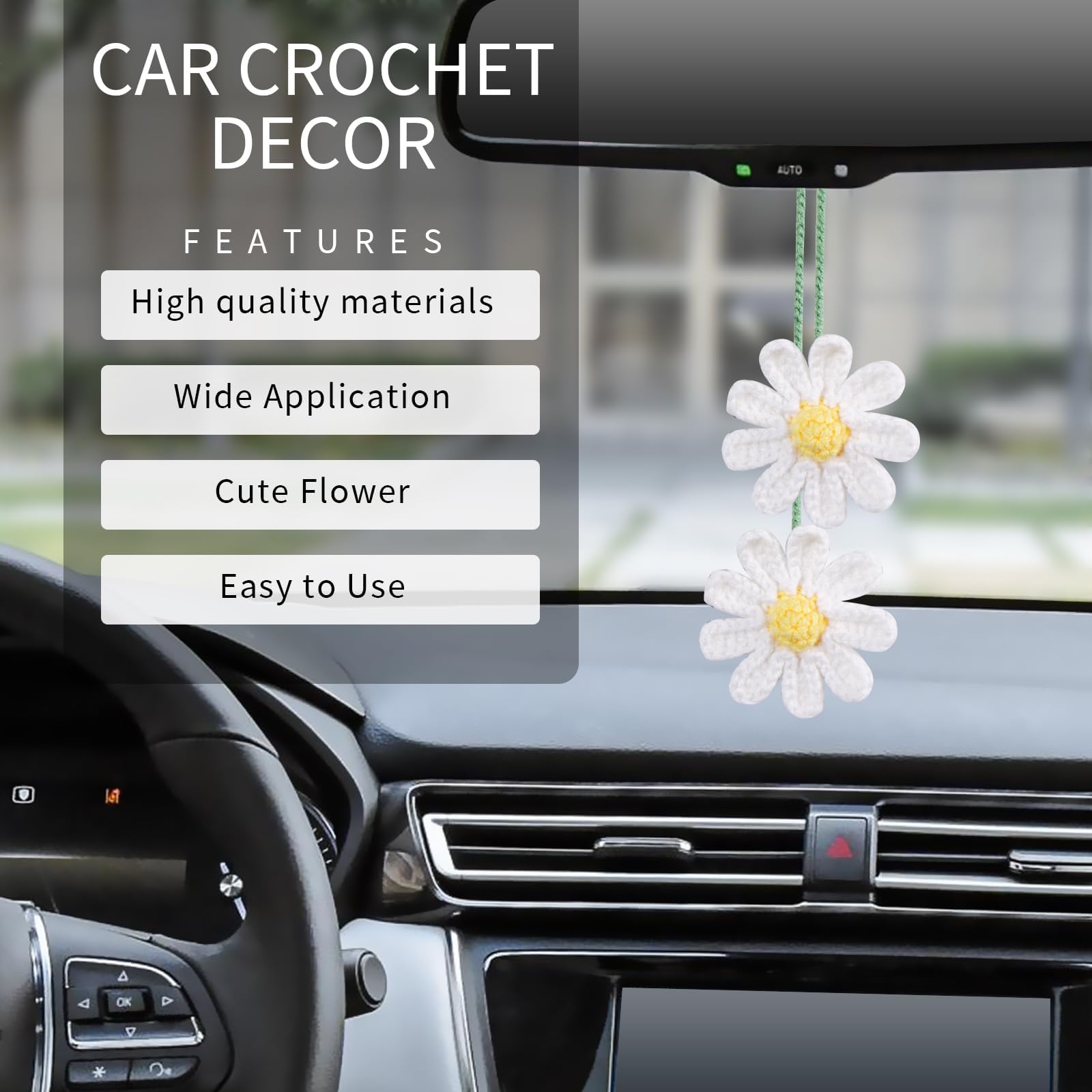 Ciondolo per Auto Margherita Lavorata a Mano, Accessori per Specchietto Retrovisore, Accessori Auto Donna da Appendere (Bianco)