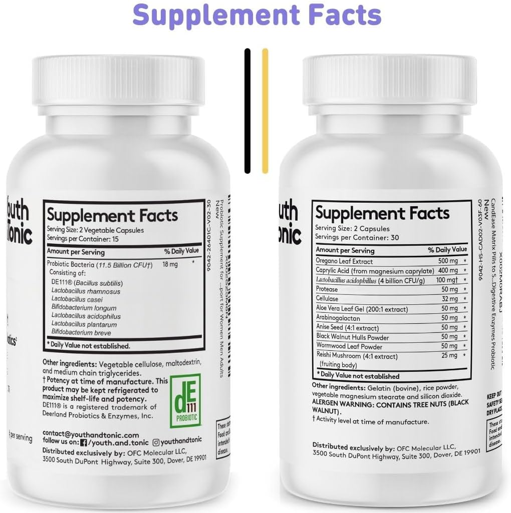Youth & Tonic Oregano & Caprylic Acid Gut Health Supplement with Probiotics & Herbs for Gut Flora Balance, Digestive & Intestinal Health and Immune Support – 90 Capsules