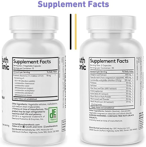 Miniatura 7 de Youth & Tonic Suplemento de salud intestinal de orégano y ácido caprílico con probióticos y hierbas para el equilibrio de la flora intestinal, la