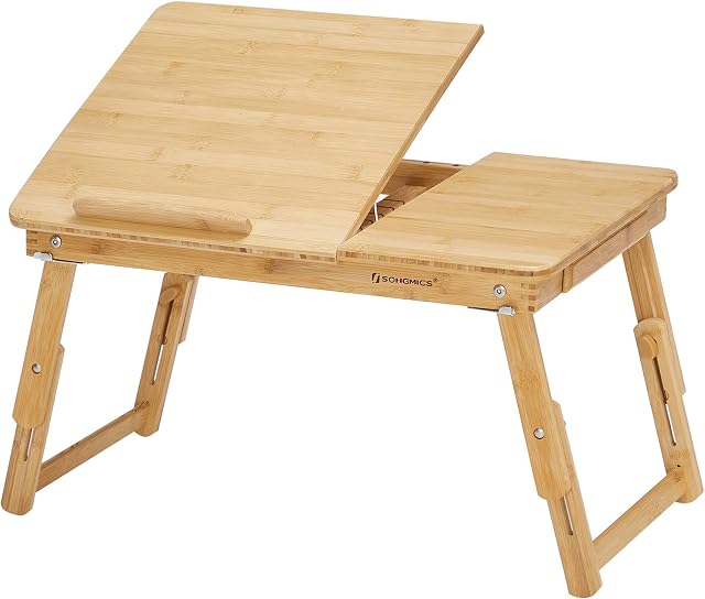 SONGMICS Bamboo Lap Desk, Laptop Table, Breakfast Tray with 5 Adjustable Tilting Angles, Small Drawer, Natural LLD01N