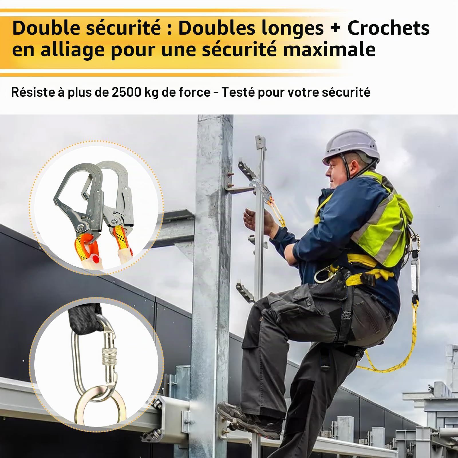 Harnais de sécurité antichute avec double longe et crochets, harnais anti chute intégral réglable pour homme, travaux en hauteur, escalade, toiture, extérieur, charge 100 kg, conforme EN 361/354/355
