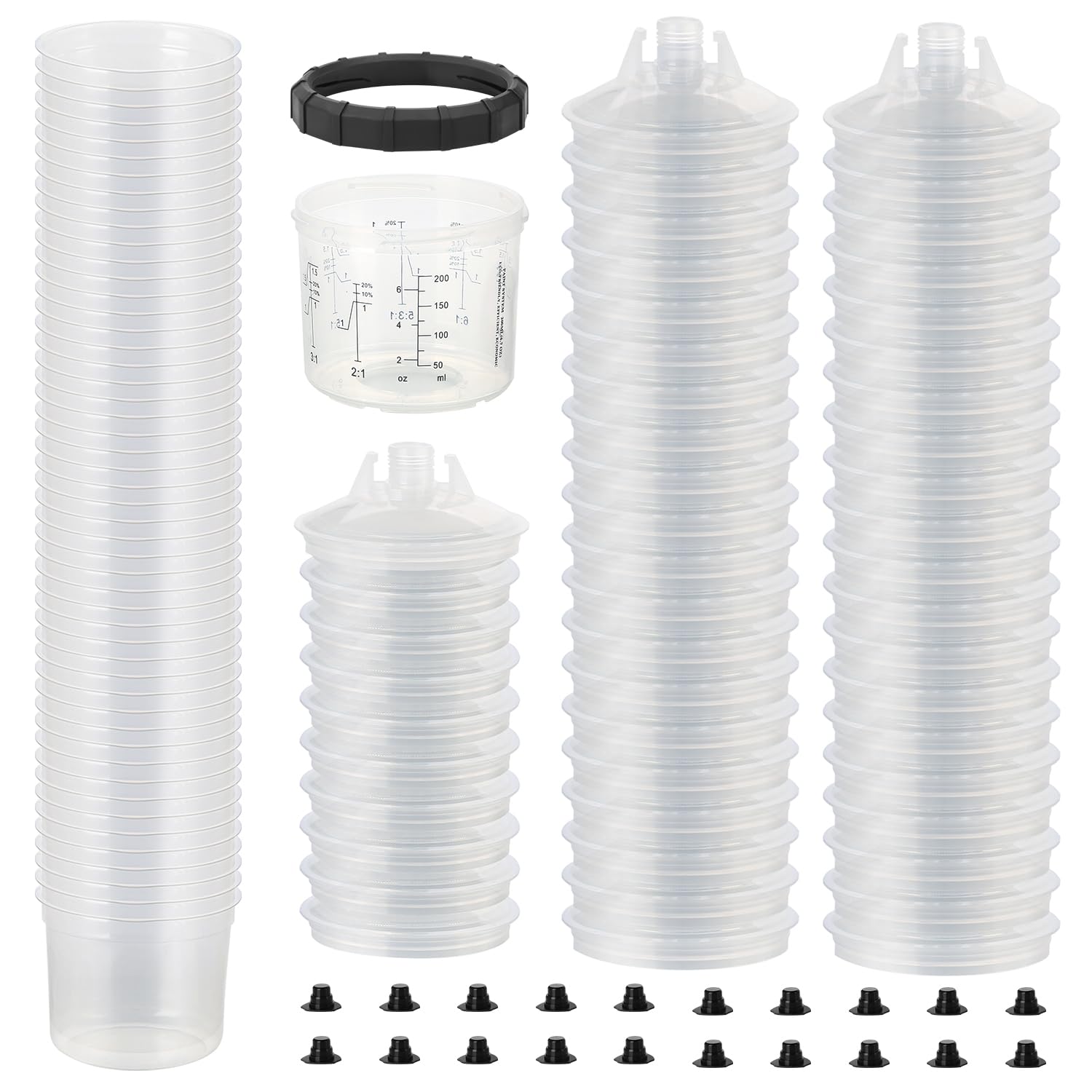 HUGEBO Disposable Paint Sprayer Mixing Cup Kit with 125 Mic 6.7 Ounce (200ml) Kit 50 Cup Liners,50 Lids, 1 Hard Cup,1 Retainer Ring and 20 Plugs
