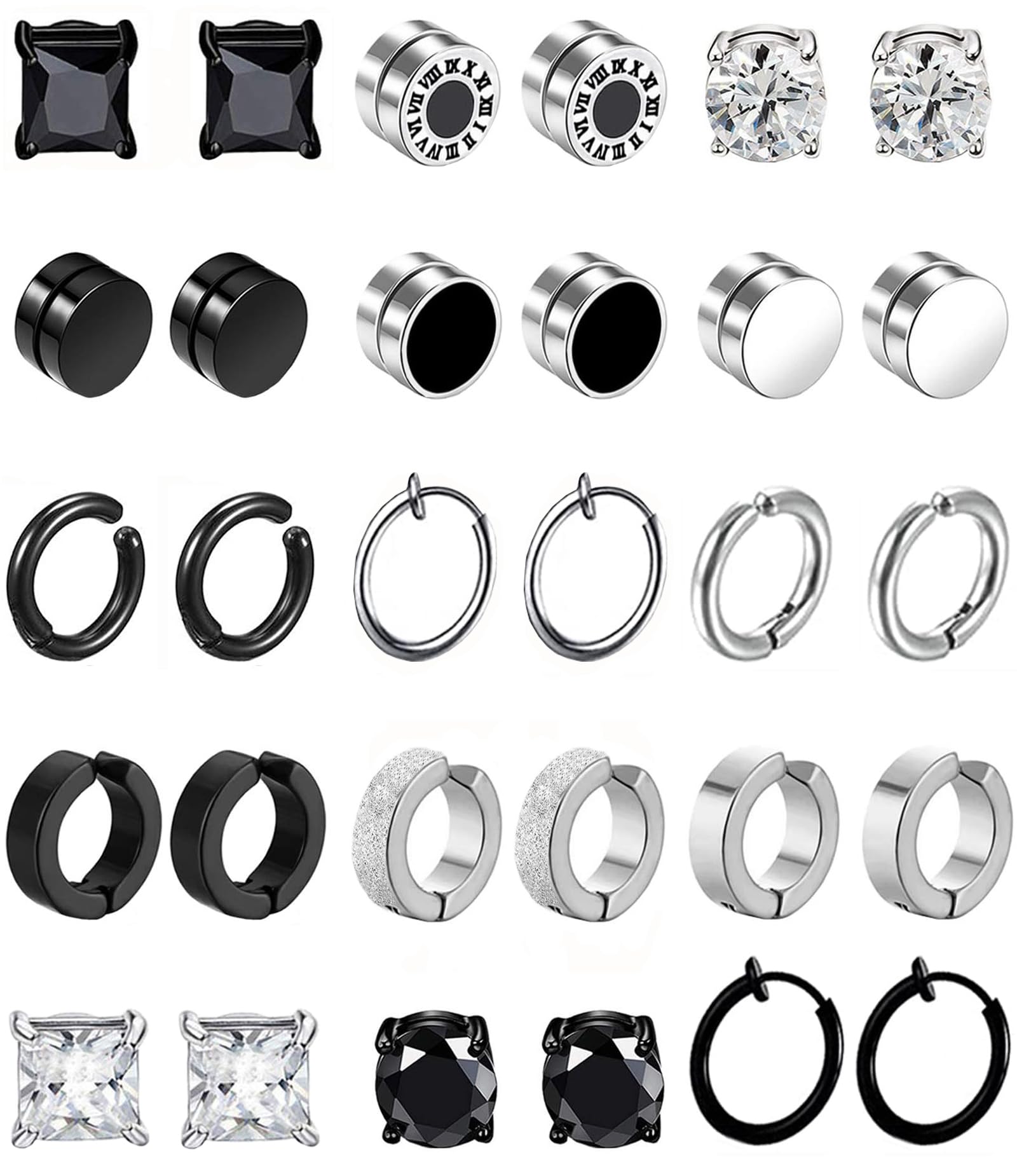 VELESAY 15 Pares Falsos Pendientes Magnéticos de Acero Inoxidable Imán Hombre Pendientes Clip Hombre Sin Agujero Pendiente CZ Magnet Mujer Aro Pendientes Set Plata Negro