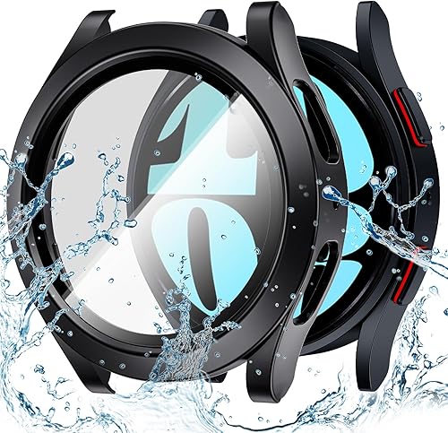 Goton Funda impermeable para Galaxy Watch 6 Protector de pantalla de 1.732 in, sin niebla Cubierta facial de vidrio templado para Samsung Watch 6