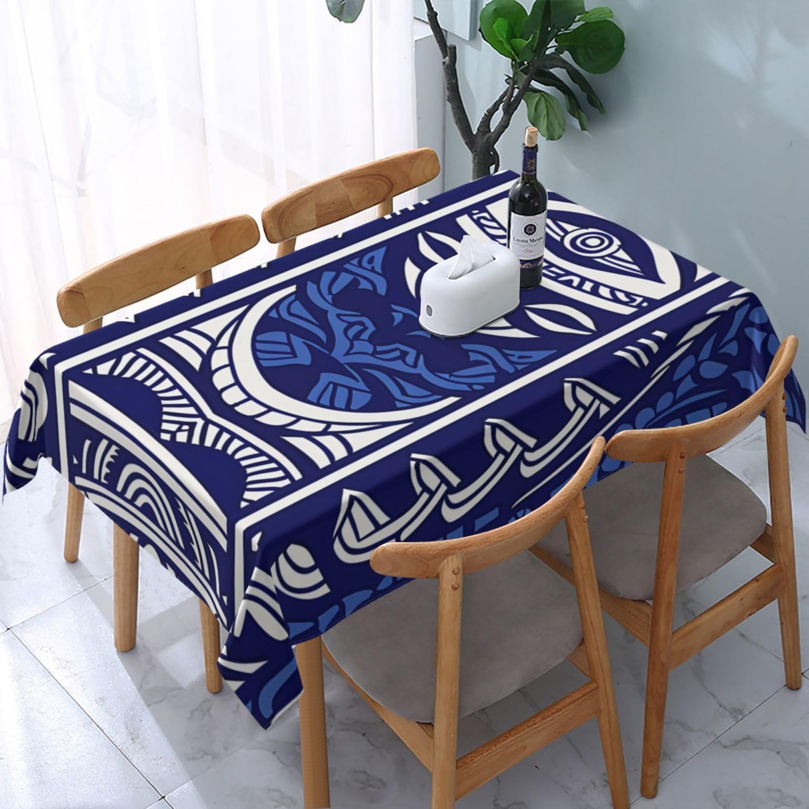 Nappe rectangulaire bleue à motif tribal imprimé haute définition lavable pour table de repas