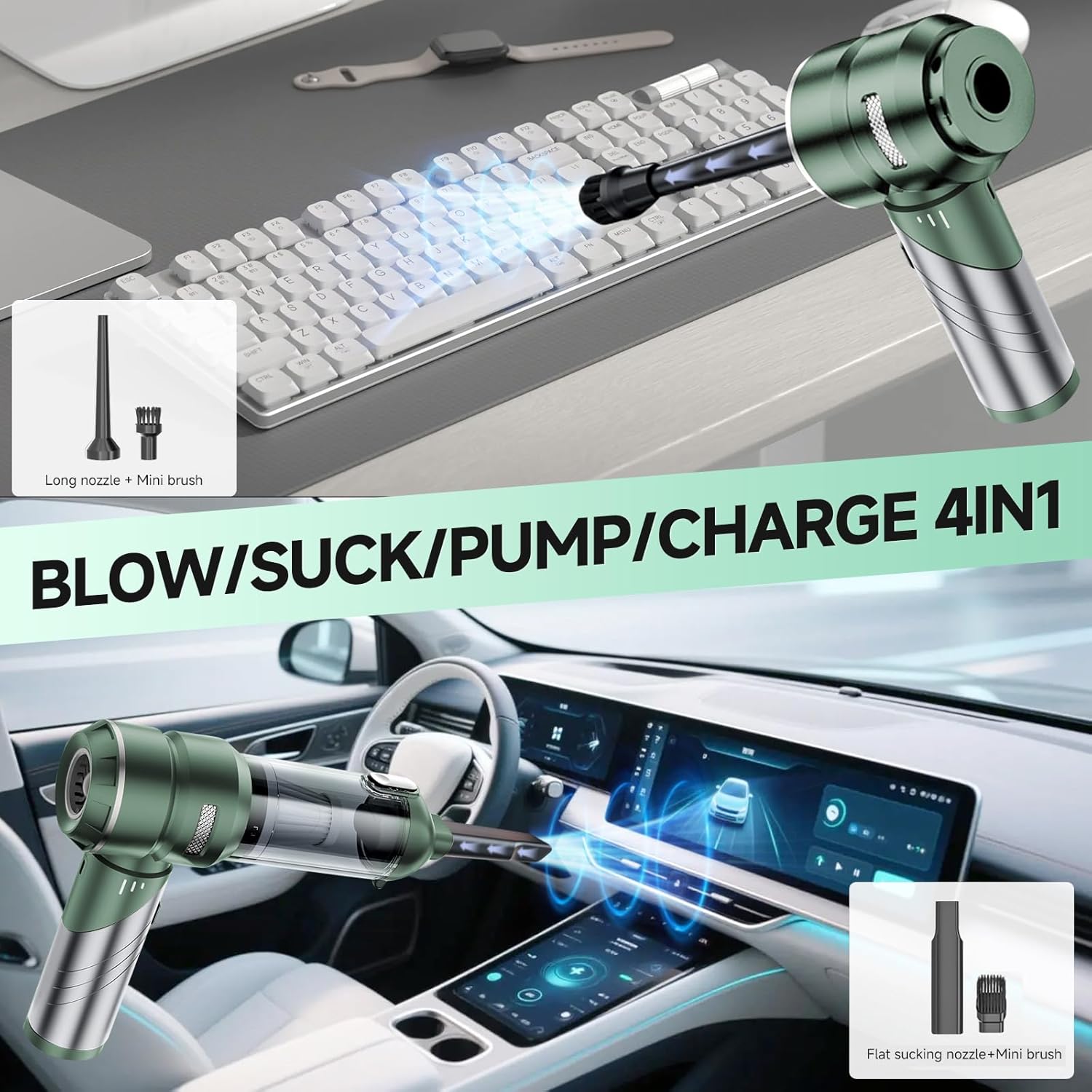 Car Vacuum Portable Cordless 22000PA High Power Handheld Mini Vacuum Cleaner Rechargeable Foldable with Brushless Motor Air Blower Duster Pump for Car Home Office Pet (Green) - Image 3