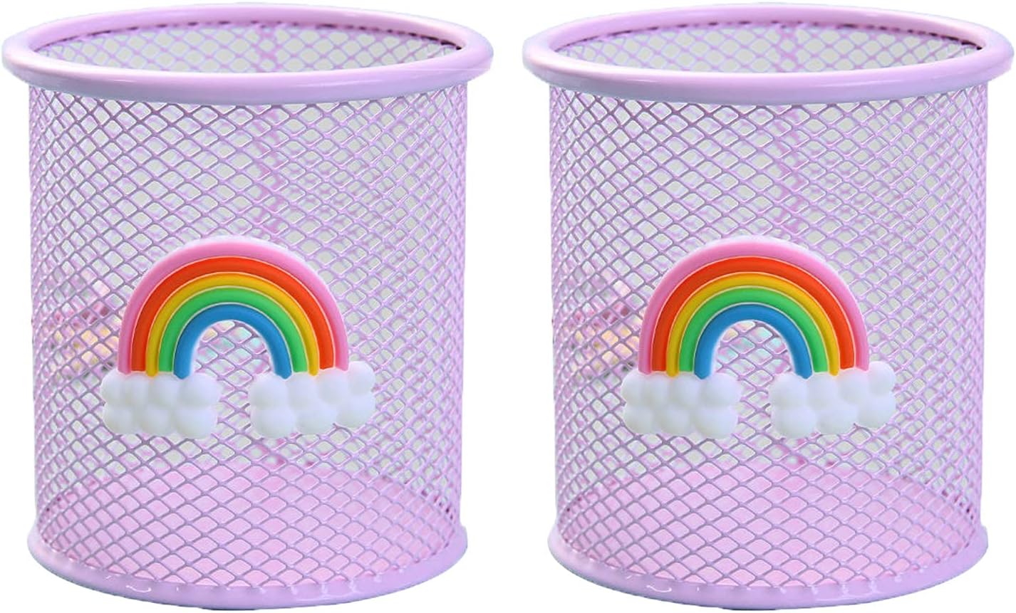 HBYMYDA 2 pieces openwork pen holder, round iron art writing instrument holder, mesh metal pen box with rainbow for school, home, office, stationary, pink
