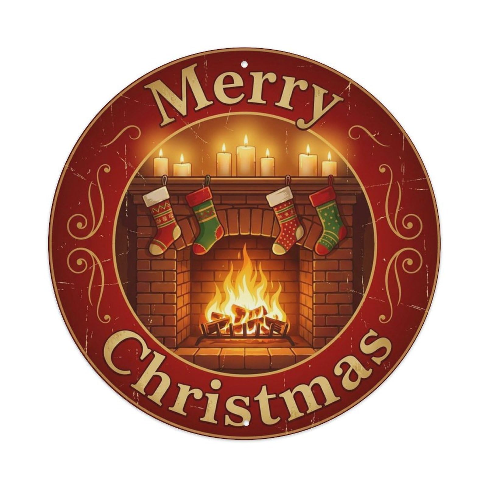 Merry Christmas Cozy Fireplace Scene Metal Tin Sign