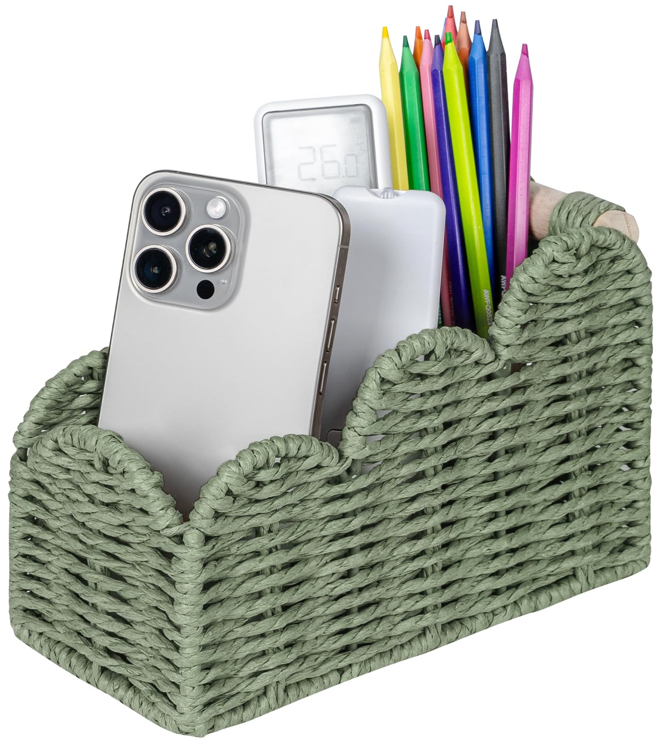 CubesLand Scalloped TV Remote Control Holder Bedside Candy Organizer, Office Desk Storage Organizer Accessories, Pen Pencil Cup, Makeup Brush Holder, Fits Farmhouse Rustic Decor, Earth Friendly, Green
