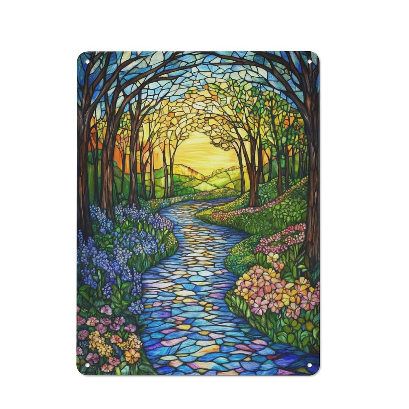Junmoney Style-8 Cottage Style Stained Glass Forest Path Country Metal Sign 40X30cm, Farmhouse Wall Decor For Farmhouse Kitchen, Pantry Or Dining Area