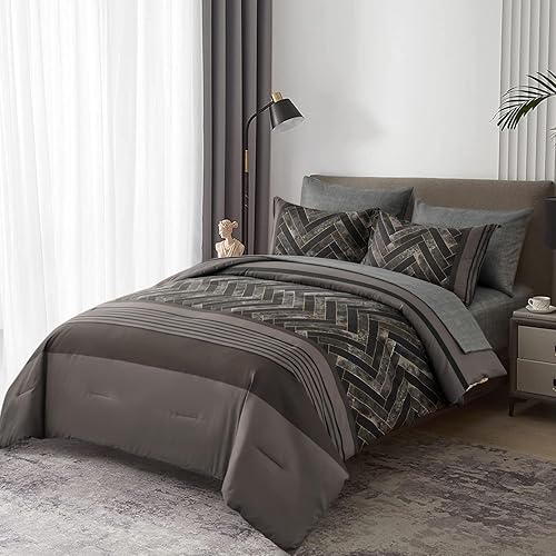 Miniatura 3 de Luxudecor Juego de edredón gris tamaño King, 7 piezas de ropa de cama a rayas grises en una bolsa, edredón geométrico y juego de sábanas, juegos de