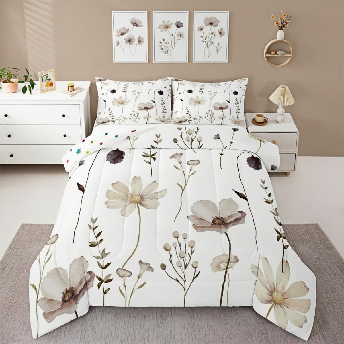 Erosebridal Watercolor Flower Comforter Set Full Size, Brown Beige Bedding Set for Kids Teens Adult Women, Modern Minimalist White Quilt Floral Branches Pastoral Duvet Insert with 2 Pillow Cases