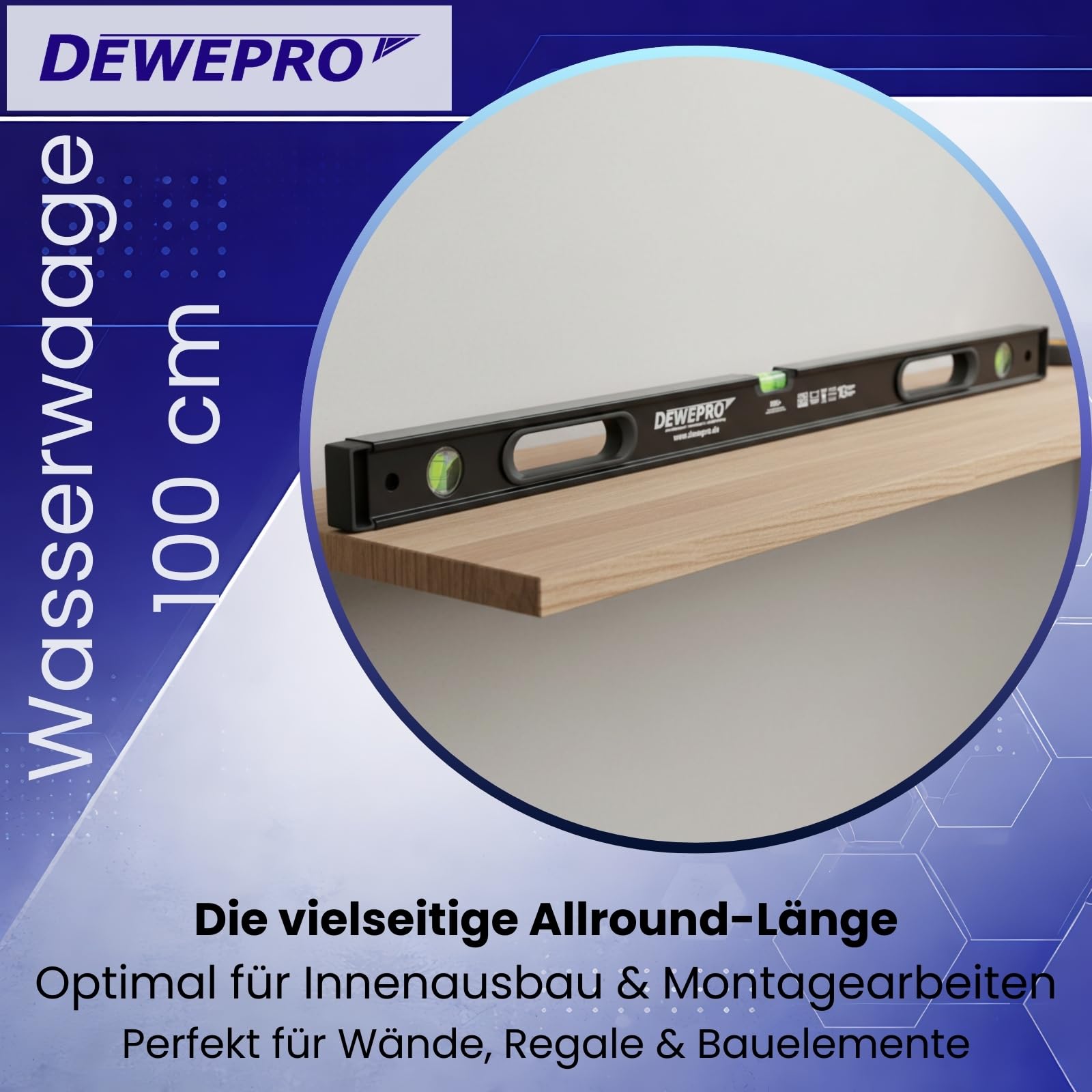 DEWEPRO® Niveau à bulle professionnel en aluminium avec 2 poignées et 3 fioles - Longueur : 100 cm - 1,0 m - Tolérance de mesure : 0,5 mm/m - Niveau à bulle en aluminium