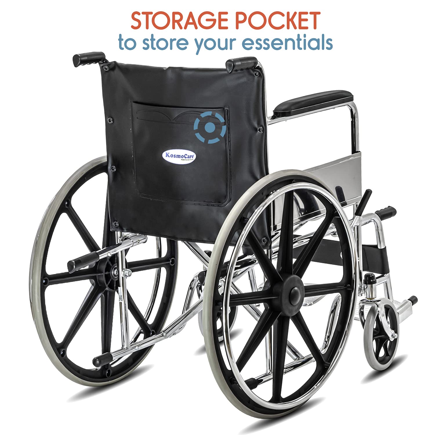 KosmoCare Dura Rexine Doli Wheelchair | Heavy-Duty Steel Frame | Chrome Plated Coating | Rexine Upholstery Seat | Extendible Rods | 24” Rear Wheels | PVC Front Casters | Foldable Design - Image 8 thumbnail